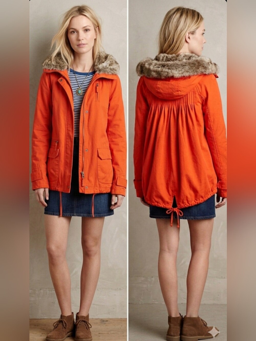 Anthropologie Daughters Of The Liberation Parka Jacket Fur Hood / Sz XS / Orange